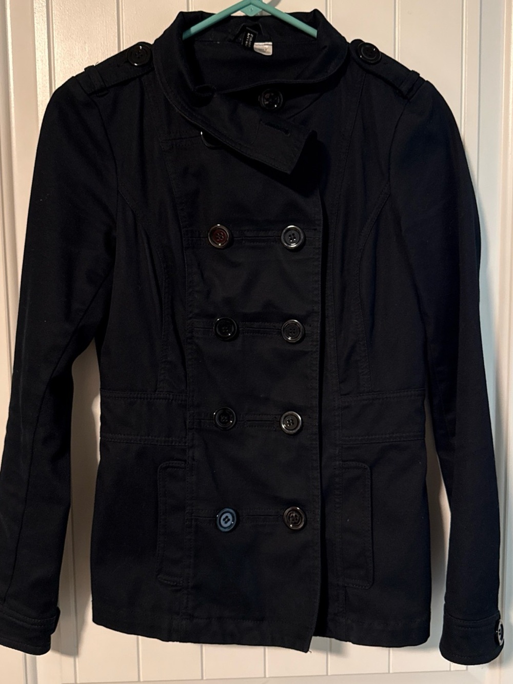 H&M Black Double-Breasted Pea Coat Military inspired Jacket Womens sz 8